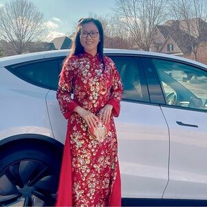 Ao dai suong kim sa sequin, Vietnamese traditional long dress set 2 8 red m 2xl